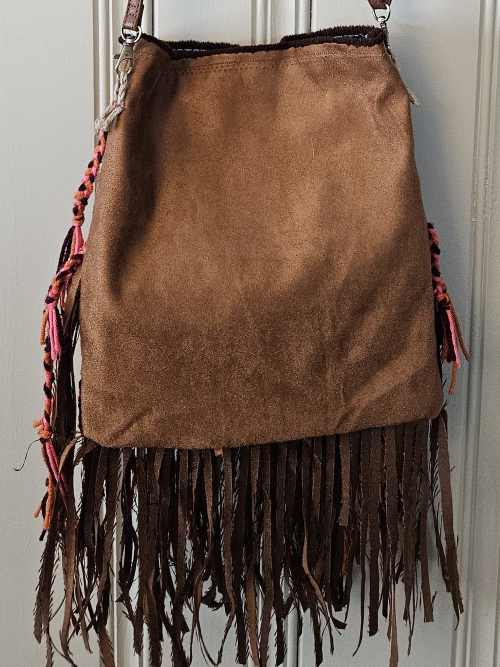 Fringed Faux Suede Boho Shoulder Bag with Multicolor Stripe Panel Handmade - Picture 4 of 12
